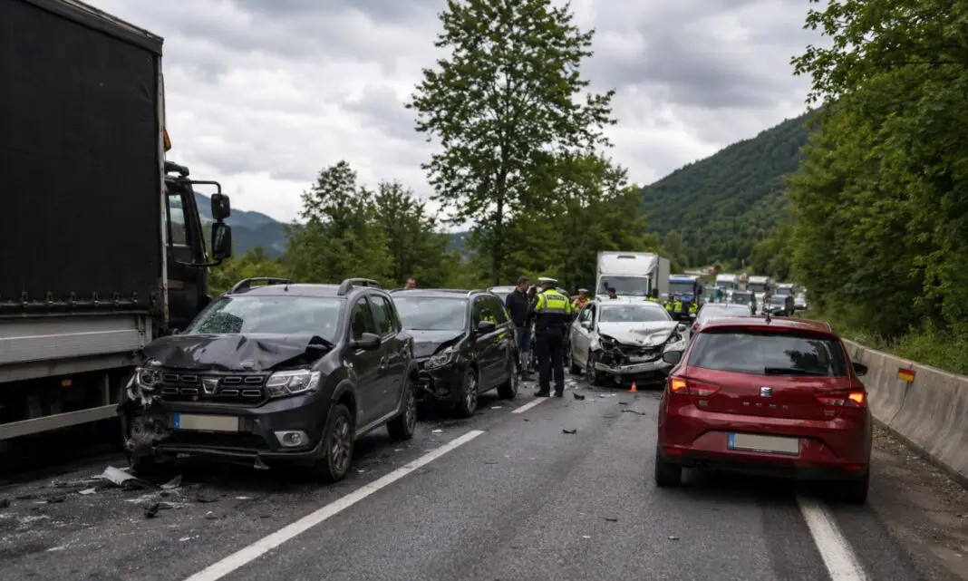 Carambol de proporții pe Valea Oltului: 5 mașini s-au izbit violent la Râul Vadului! Traficul este complet blocat, sunt victime