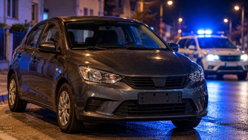 Mașină gri oprită noaptea, cu poliția în fundal
