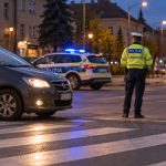 Polițist dirijează traficul la trecerea de pietoni seara