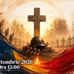 Cimitir militar cu cruce, cască, lumânare și culorile României