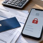 Telefon cu simbol de securitate bancară și card