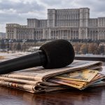 Microfon, ziare și bani, cu Palatul Parlamentului în fundal