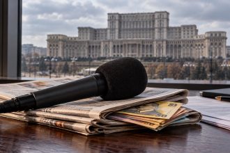 Microfon, ziare și bani, cu Palatul Parlamentului în fundal