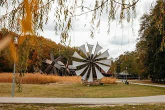 Două mori de vânt într-un parc cu vegetație autumnală