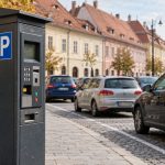 Parcometru lângă mașini parcate într-un centru istoric