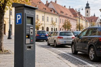 Parcometru lângă mașini parcate într-un centru istoric