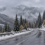 Drum montan înzăpezit printre brazi și ceață