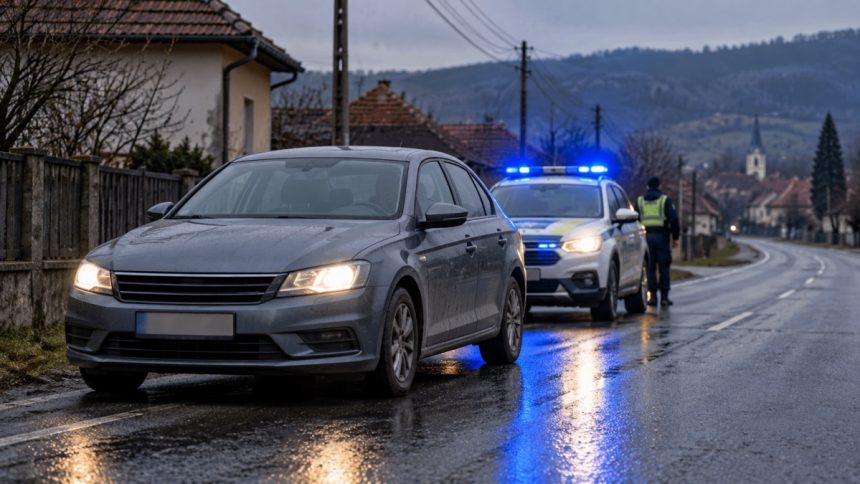 Control rutier pe șosea udă, într-un sat