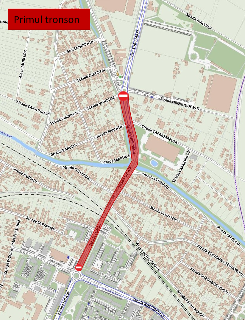 Hartă cu primul tronson evidențiat pe Strada Șurii Mari