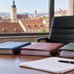 Dosare juridice pe birou, cu oraș istoric în fundal