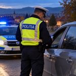 Polițist român verifică un șofer la control rutier