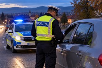 Polițist român verifică un șofer la control rutier