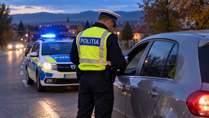 Polițist român verifică un șofer la control rutier