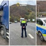 Polițiști români verifică un camion pe drum montan