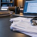 Documente medicale, stetoscop, ciocănel judiciar și laptop