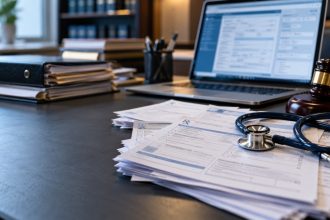 Documente medicale, stetoscop, ciocănel judiciar și laptop