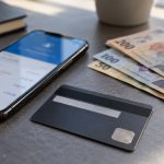Telefon, card bancar și bancnote românești pe birou