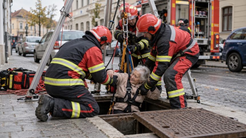 Pompieri salvează o femeie dintr-un canal stradal