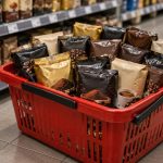 Coș roșu plin cu pachete de cafea