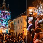Festival nocturn cu proiecții pe turn și participanți costumați