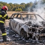 Pompieri sting un automobil incendiat pe un câmp