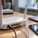 Router Wi-Fi cu antene, conectat la laptop și cabluri