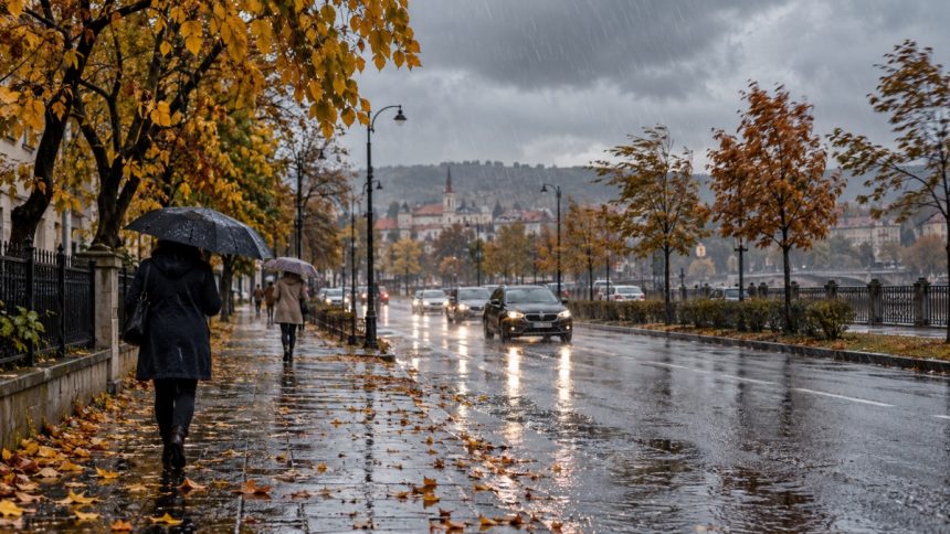 Pietoni cu umbrele pe stradă ploioasă de toamnă