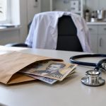 Plic cu bani și stetoscop pe biroul unui medic