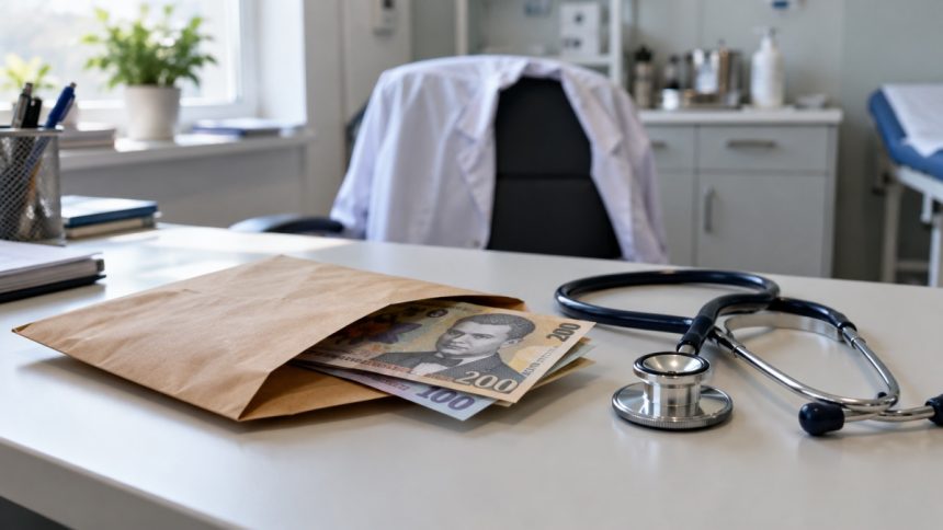 Plic cu bani și stetoscop pe biroul unui medic