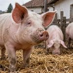 Trei porci roz într-un țarc de fermă