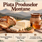 Afiș pentru Piața Produselor Montane cu pâine, brânză și miere