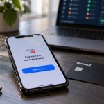 Telefon cu conexiune indisponibilă lângă card Revolut și laptop