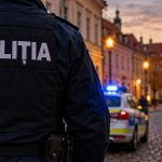 Polițist român lângă autospecială cu girofaruri aprinse