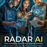 Afiș RADAR AI cu trei tineri și holograme tehnologice