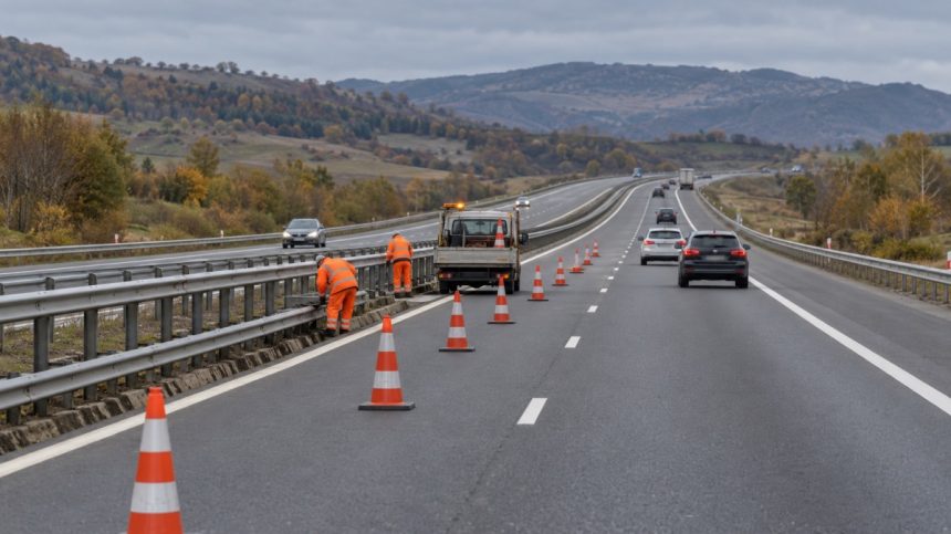 Lucrători întrețin parapetul pe autostradă, printre conuri