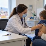 Medică ascultă plămânii unui copil în cabinet