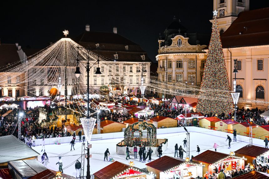 Târg de Crăciun iluminat, cu brad uriaș și patinoar
