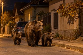 Ursoaică cu doi pui pe stradă noaptea