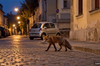 Vulpe traversând o stradă pavată la amurg