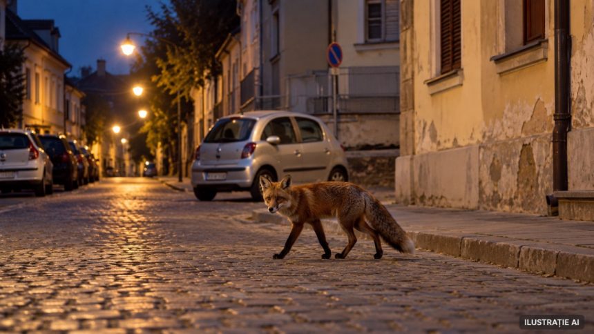 Vulpe traversând o stradă pavată la amurg